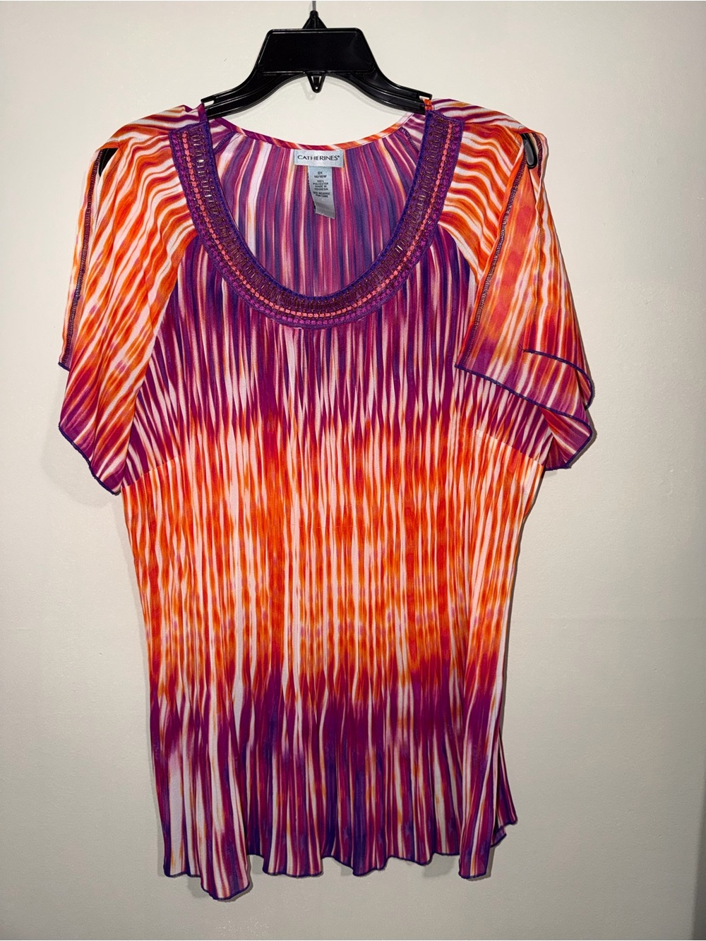 Catherines Women’s 0X Orange Purple Abstract Flutter Sleeve Blouse